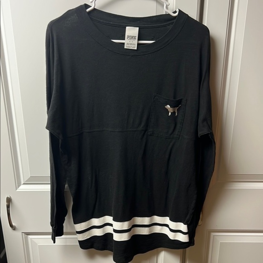 PINK Black Tee, Leopard Sequins, Varsity Style, Small